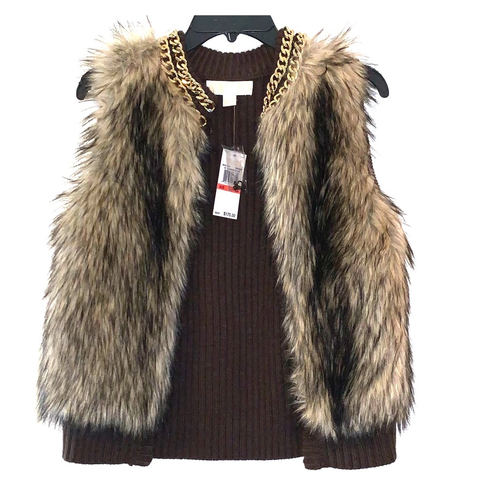 Michael Kors Brown Sweater with Faux Fur Vest and Gold Chain Detail